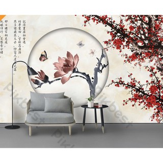 Tranh dán tường Tranh thủy mặc phong cách hoa đào cổ điển, tranh dán tường 3d hiện đại (tích hợp sẵn keo) MS1062605