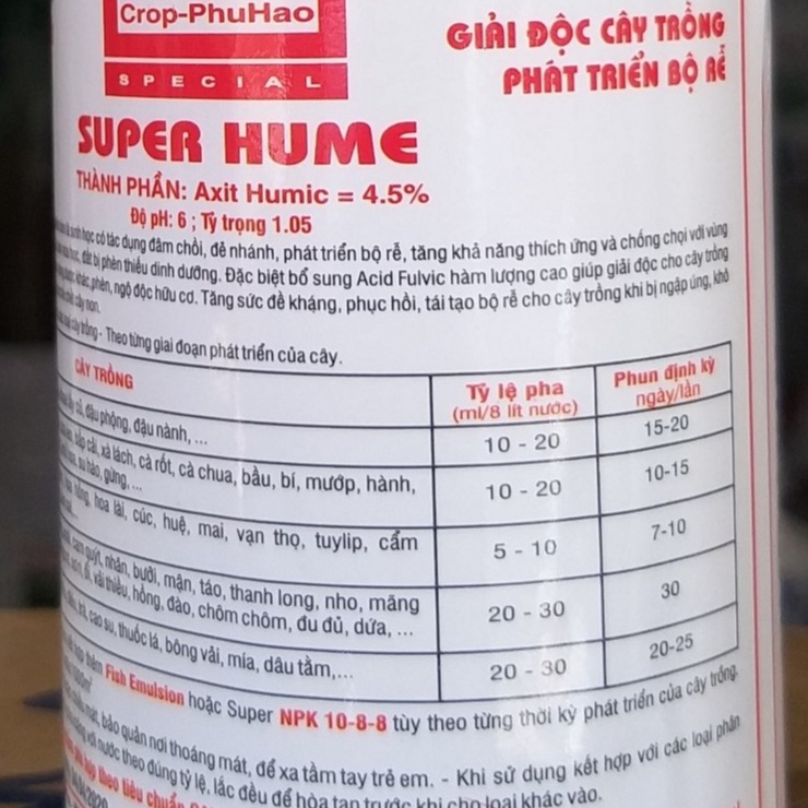 Phân Bón Axit Humic Mỹ SUPER HUME (250ml), Acid Humic Sinh Học - ra rễ mạnh, tăng trưởng nhanh