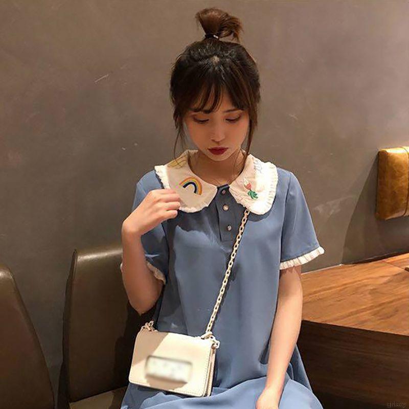 Đầm Ngắn Tay Cổ Búp Bê Thêu Họa Tiết Xinh Xắn Theo Phong Cách Hàn Quốc