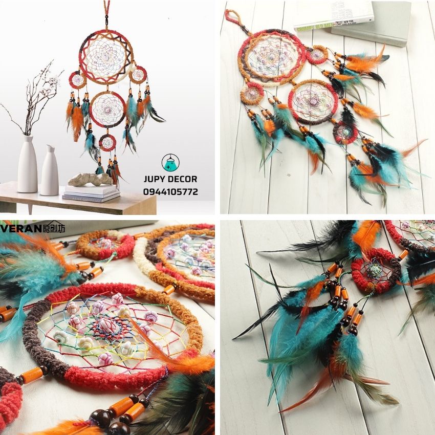 Chuông gió lông vũ nâu đỏ phong cách Ấn độ, Dreamcatcher treo tường vòng lưới bắt giấc mơ decor phòng ngủ