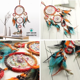 Chuông gió lông vũ nâu đỏ phong cách Ấn độ, Dreamcatcher treo tường vòng lưới bắt giấc mơ decor phòng ngủ