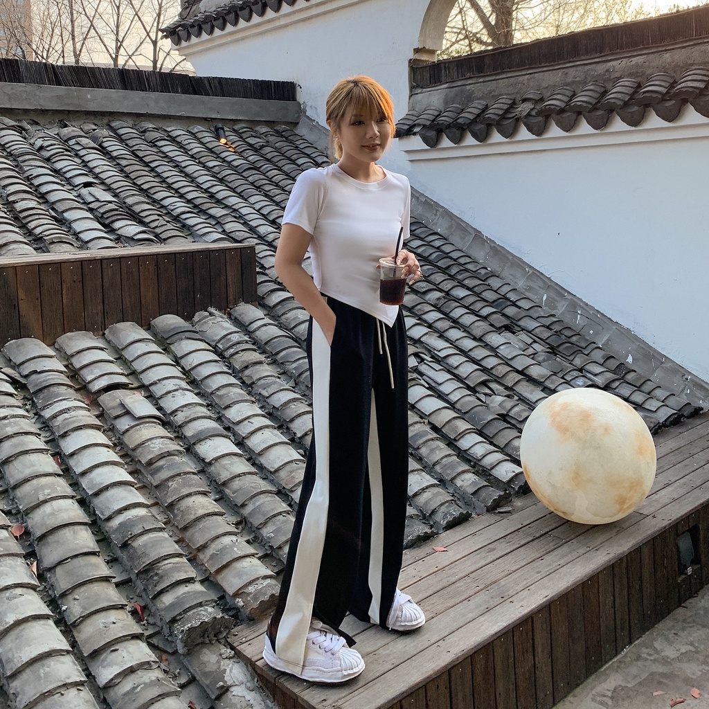 【ZHELIHANGFEI】Quần Thể Thao Lưng Cao Ống Rộng Xẻ Tà Thời Trang Năng Động