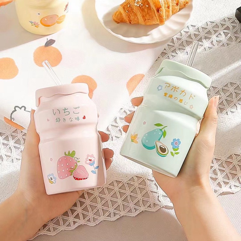 Cốc Uống Nước, 420ml Cute Cho Bé Có Nắp Sứ Decor Chịu Nhiệt Dễ Thương