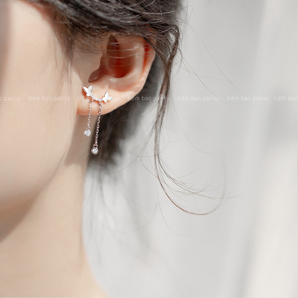 Bông tai bạc nữ PANSY hình cánh bướm thả sợi dáng dài, khuyên tai bạc hồ điệp xinh xắn