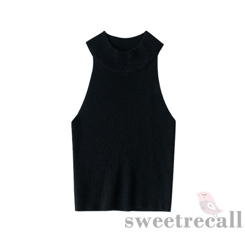 Áo Croptop Dệt Kim Sát Nách Cổ Tròn Màu Sắc Thanh Lịch