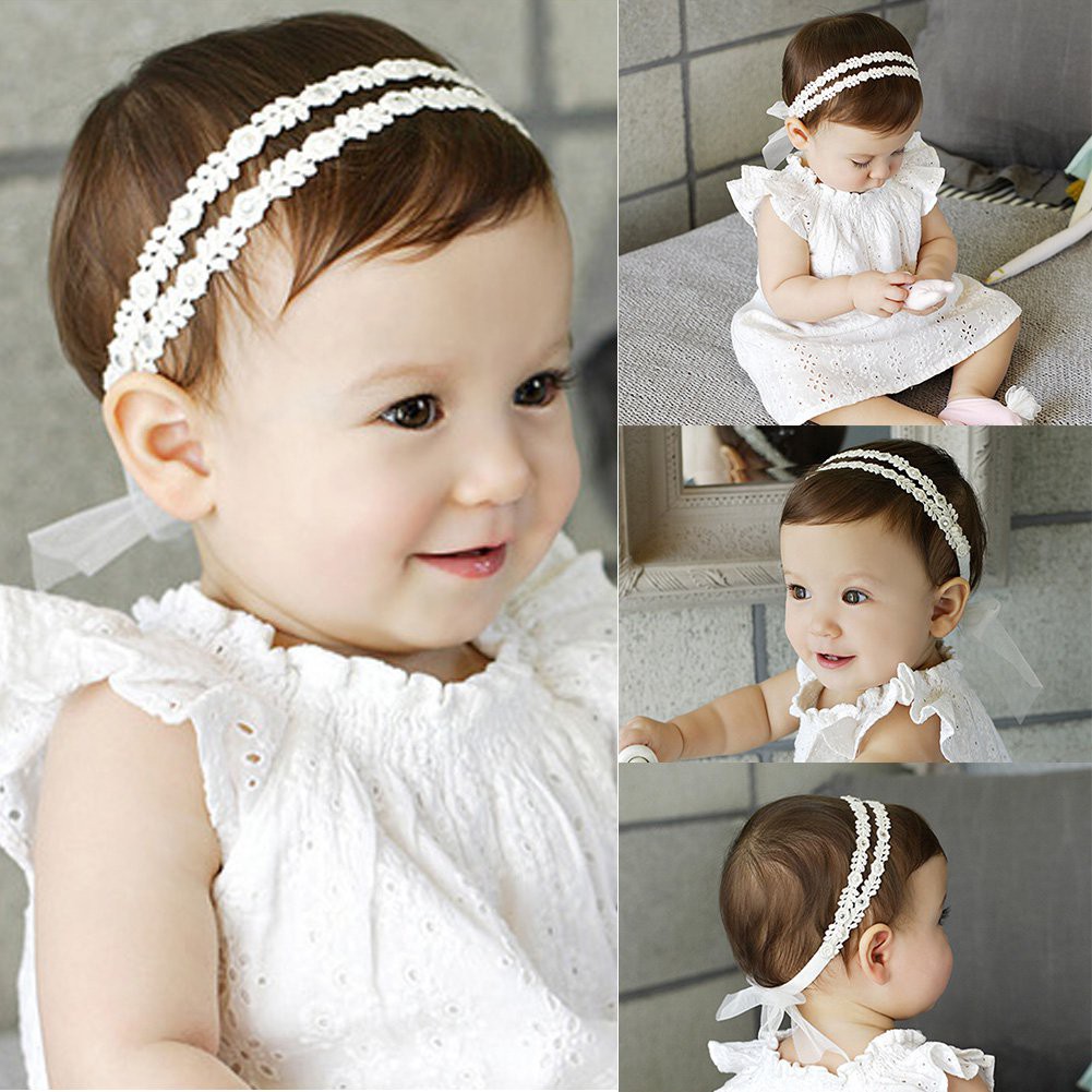 Băng đô co giãn thiết kế ren hoa phối nơ lưới cho bé gái sơ sinh