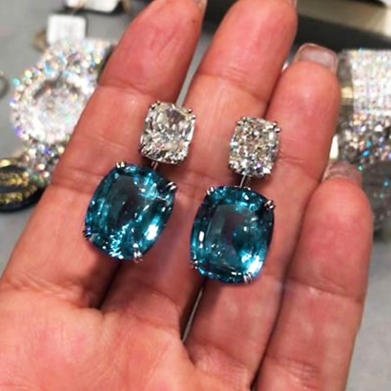 Khuyên Tai Hình Vuông Đính Đá Zircon Xanh Lam Sang Trọng Thời Trang Năm 2021