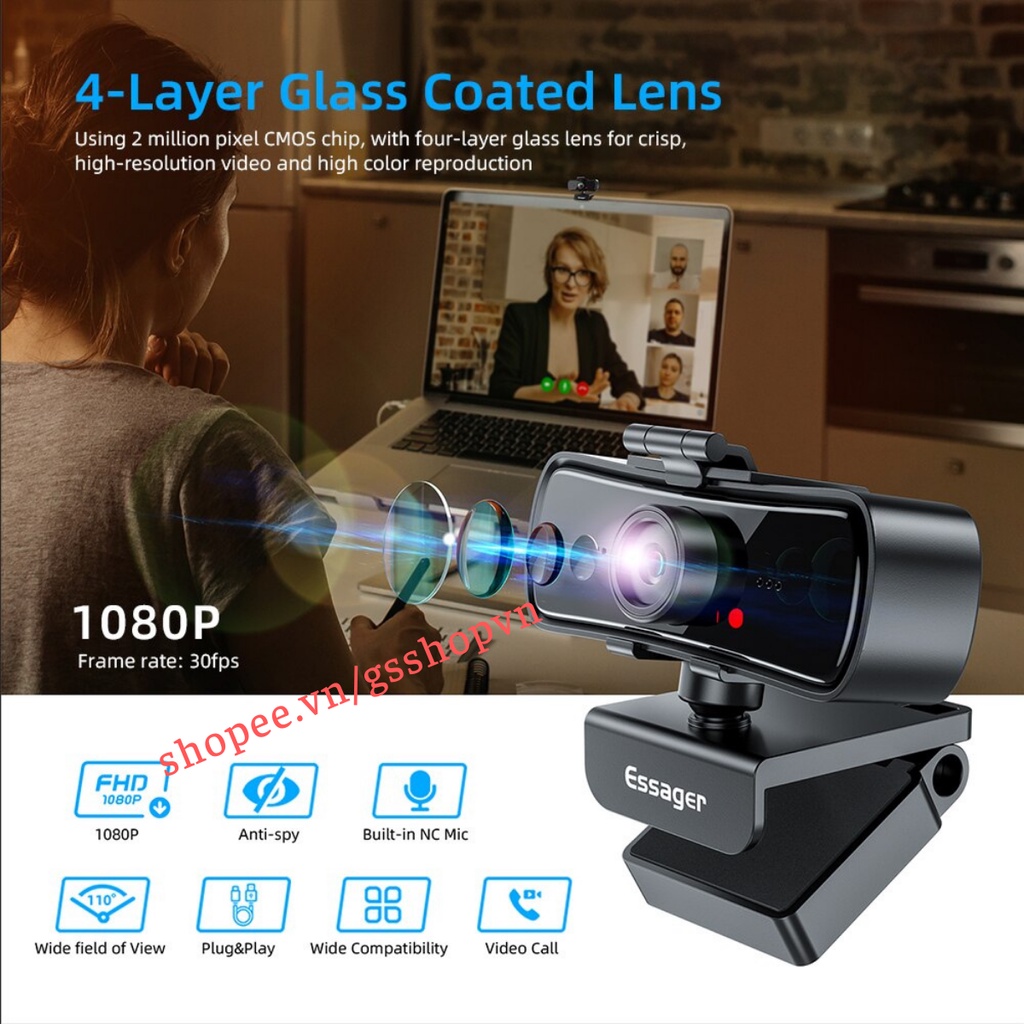 Webcam ESSAGER C3 1080P Full HD Kèm Microphone Cho Máy Tính, Tự Động Lấy Nét, Học Online, Livestream. Gsshopvn