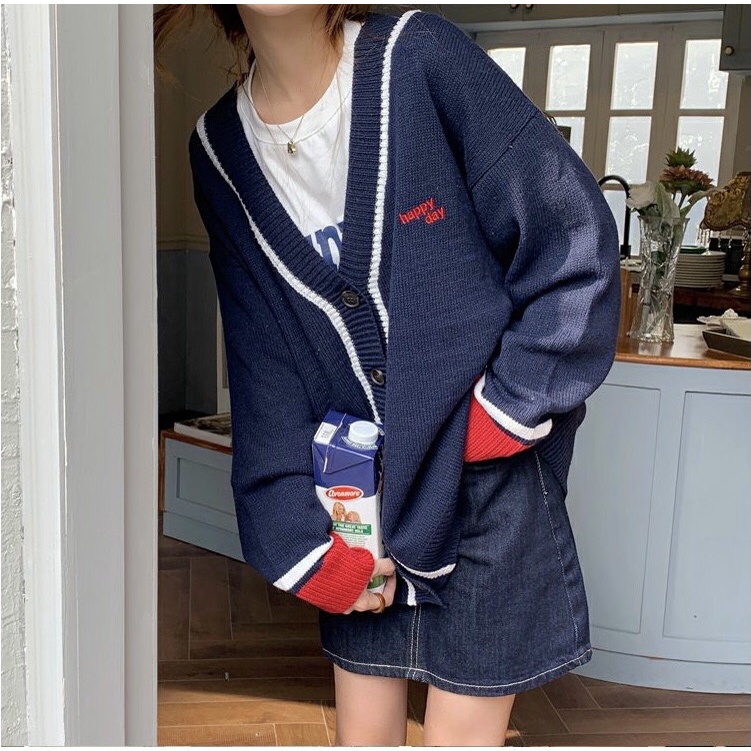 {HCM / CÓ SẴN} ÁO KHOÁC LEN CARDIGAN XANH ĐEN PHỐI VIỀN OVERSIZE PHONG CÁCH HÀN QUỐC