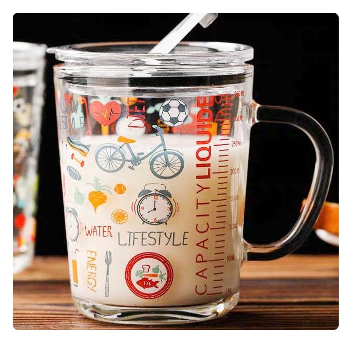 CỐC UỐNG NƯỚC, CỐC PHA SỮA THUỶ TINH CHIA VẠCH, HỌA TIẾT XINH XẮN