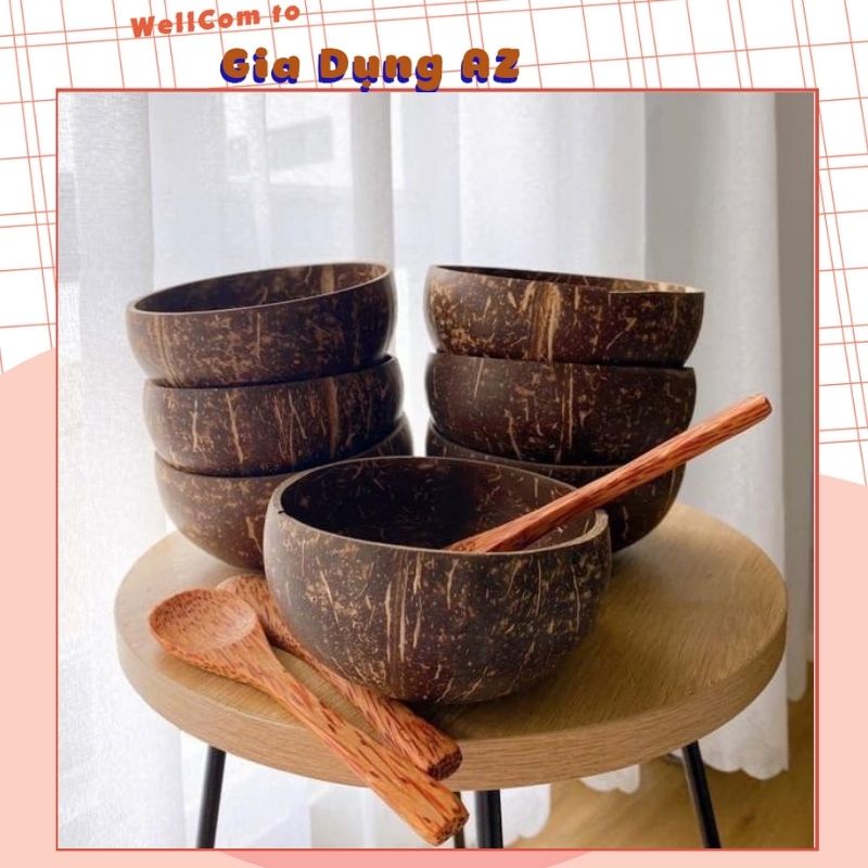 Bát chén gáo Dừa 100 % tự nhiên tặng kèm thìa gỗ dùng để ăn salad hoa quả dầm AZ D2.083