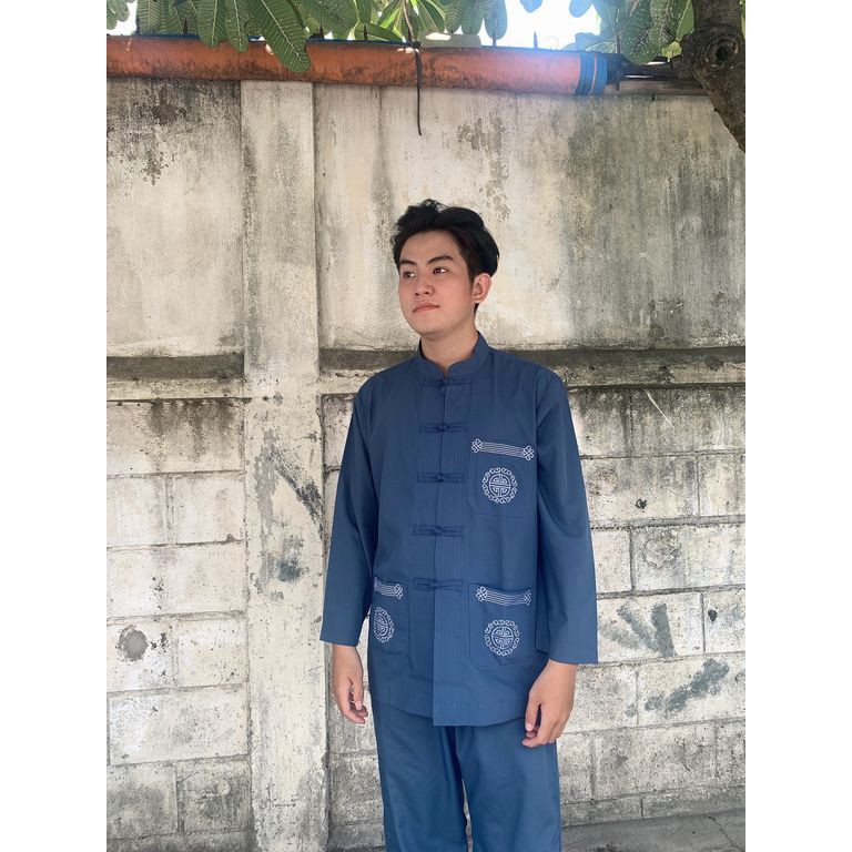 Đồ đi chùa nam thêu 3 túi cổ lãnh tụ có size 90kg tay dài