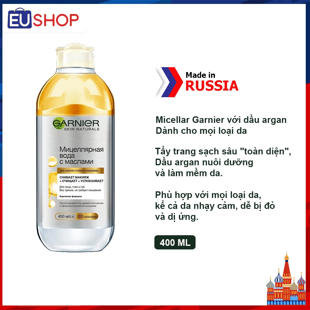 Nước tẩy trang Garnier Micellar với dầu (Trộn cùng dầu tẩy trang giúp làm sạch hơn với cả lớp trang điểm dầy)  Lọ 400ml