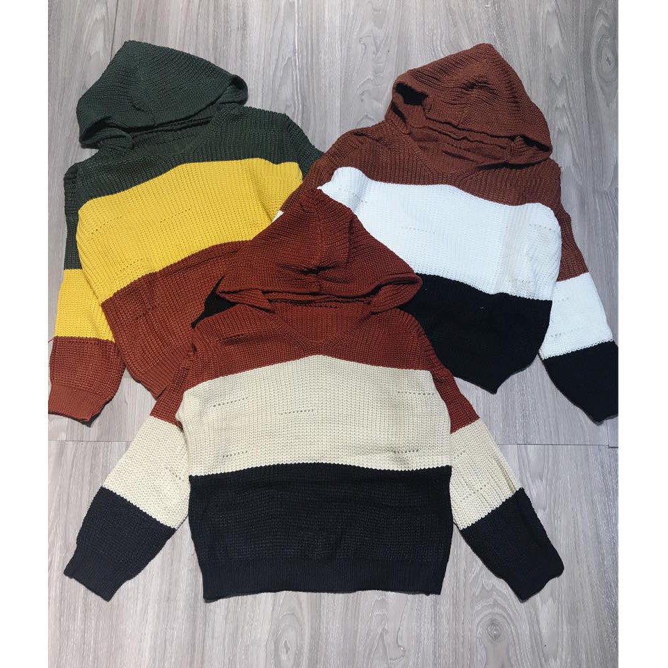 Áo len ba màu có mũ