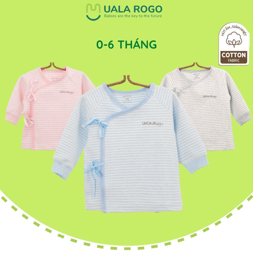 Áo sơ sinh Uala rogo 0-6 tháng buộc dây chéo cotton thấm hút giữ ấm kẻ ngang Ur 8040