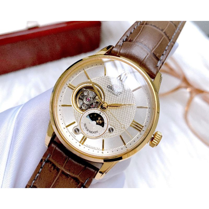 Đồng hồ nam Orient sun&moon gen 4 RA-AS0004S10B màu gold dây da chính hãng, giá rẻ