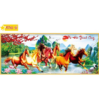 Tranh thêu đính đá Mã đáo thành công 8 con ngựa Lv103 (117x52cm) [KHO SỈ] Tranh chất lượng cao
