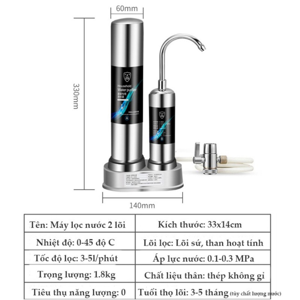 Máy Lọc Nước Mini Water Purifier Dạng Đứng  Không Dùng Điện Tại Vòi Phục Hồi Nguồn Nước Sinh Hoạt,2 Lõi Sứ Than Hoạt Tín