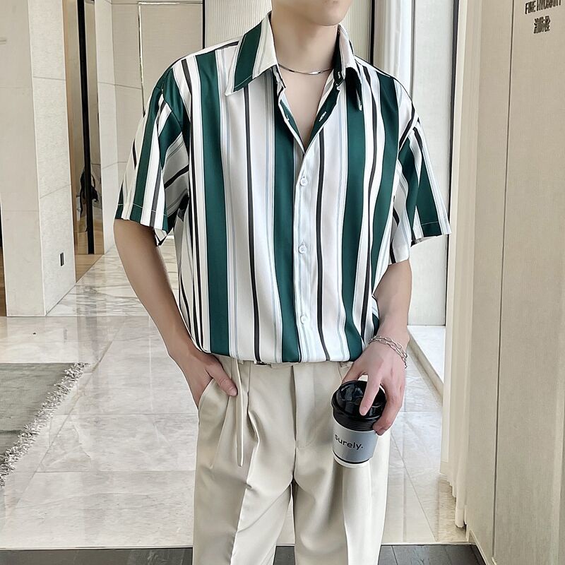 Áo Sơ Mi Lụa Lạnh Tay Ngắn Dáng Rộng In Họa Tiết Kẻ Sọc Thời Trang Mùa Hè Hàn Quốc Cho Nam Giới Có Size M-2Xl