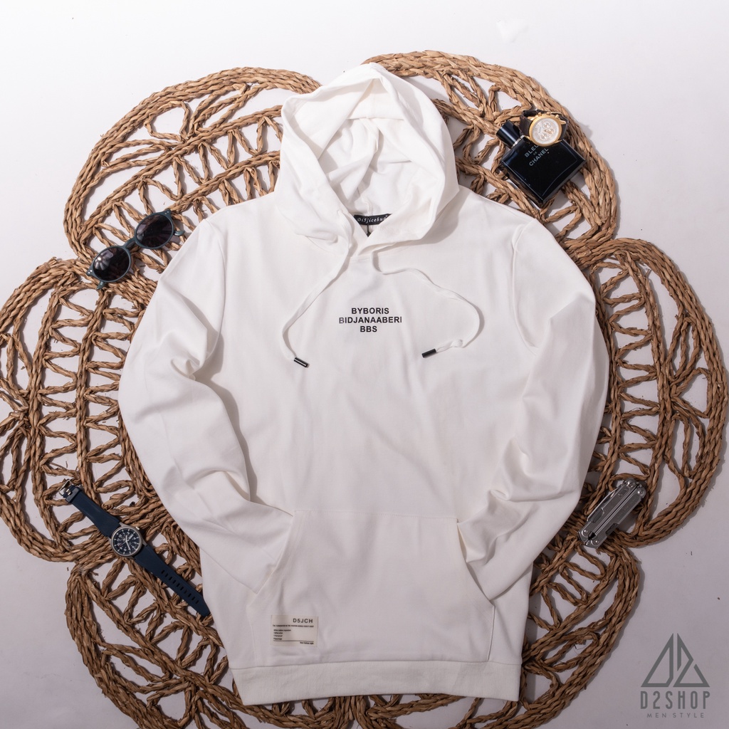 Áo hoodie nam D2shop màu trắng, in chữ
