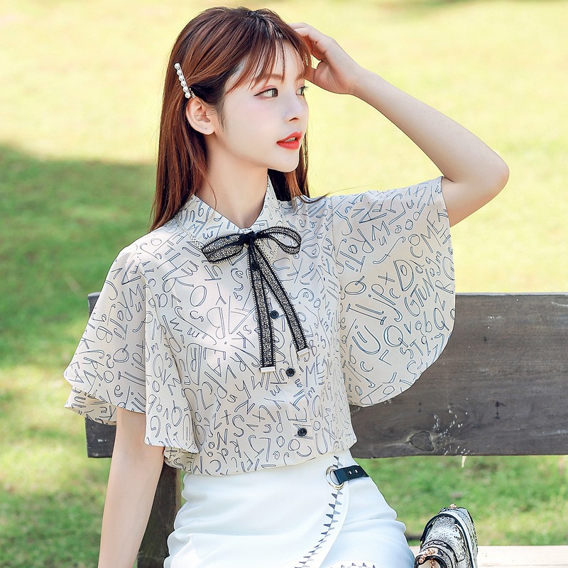 Áo sơ mi chiffon tay ngắn phối bèo in họa tiết phong cách mùa hè Hàn Quốc cho nữ | BigBuy360 - bigbuy360.vn