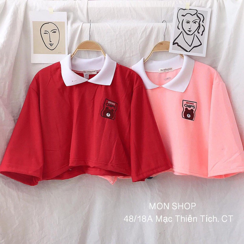 Áo croptop polo thêu gấu xinh xinh