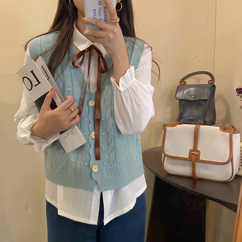 Set Áo Sơ Mi Tay Dài + Áo Len Không Tay Thắt Nơ Thời Trang Dành Cho Nữ | BigBuy360 - bigbuy360.vn