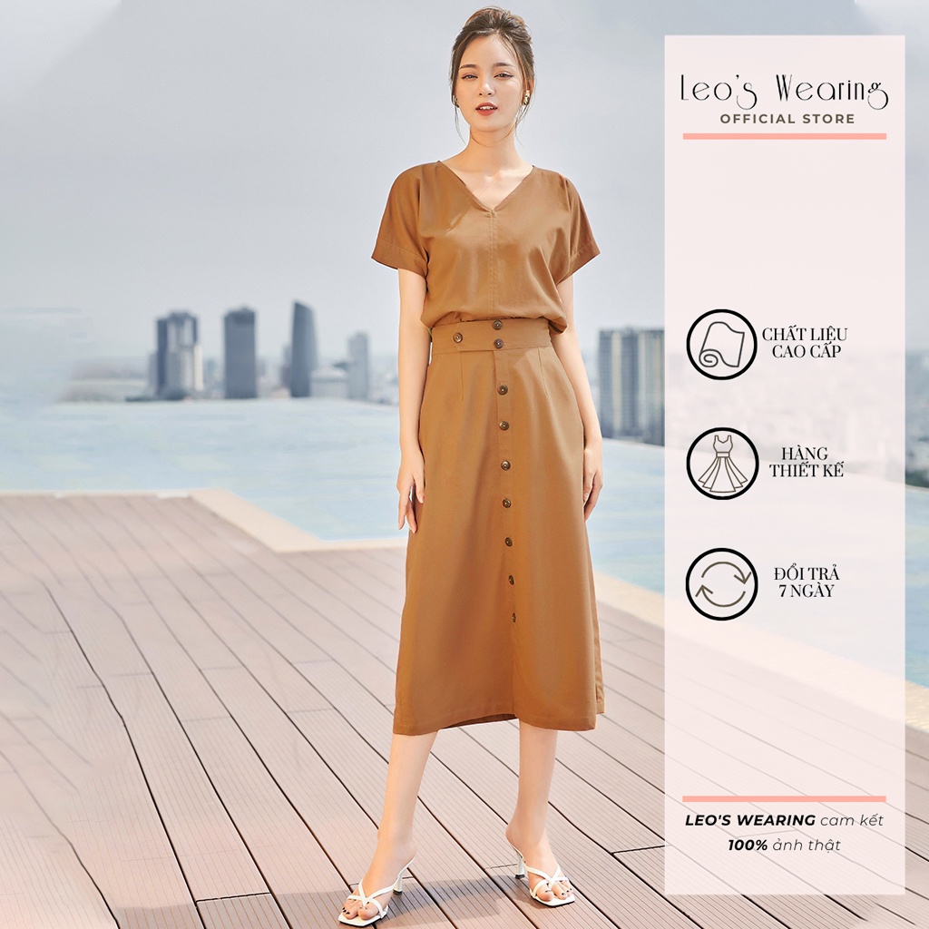 Set váy công sở LEOSWEARING áo tay ngắn cổ v mix váy ôm eo đính nút chất Linen Bột cao cấp đứng form mặc văn phòng A94