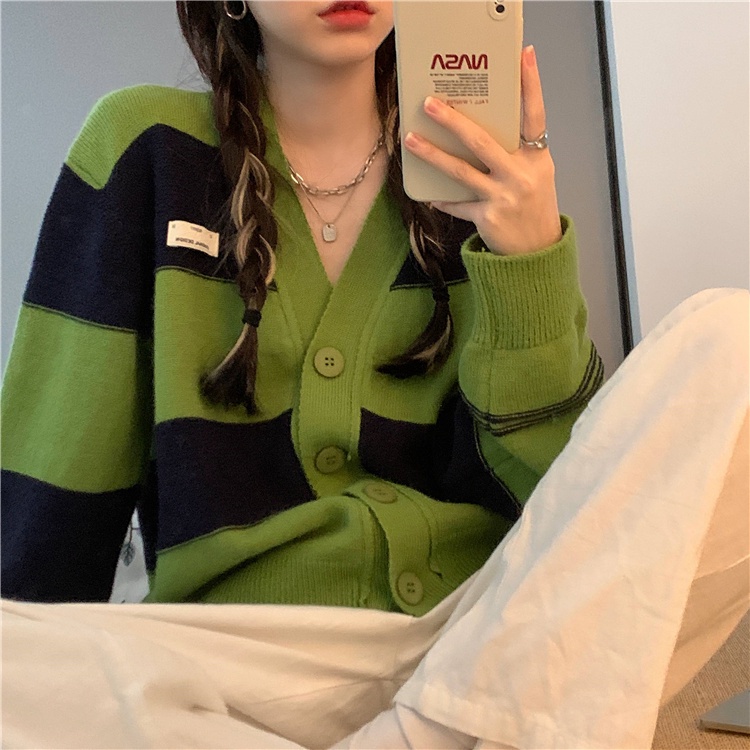 Áo cardigan len nữ dệt kim màu xanh lá Quảng châu cao cấp phong cách Hàn Quốc khoác ngoài cá tính kẻ ngang kozoda AC45