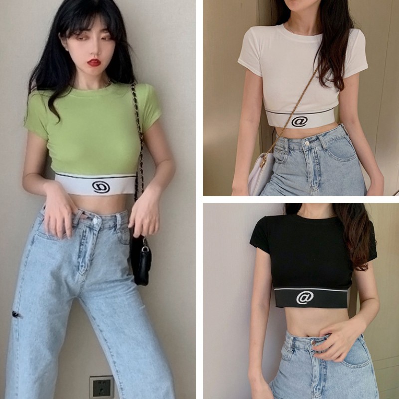 Áo thun crop top cổ tròn tay ngắn in họa tiết chữ dành cho nữ