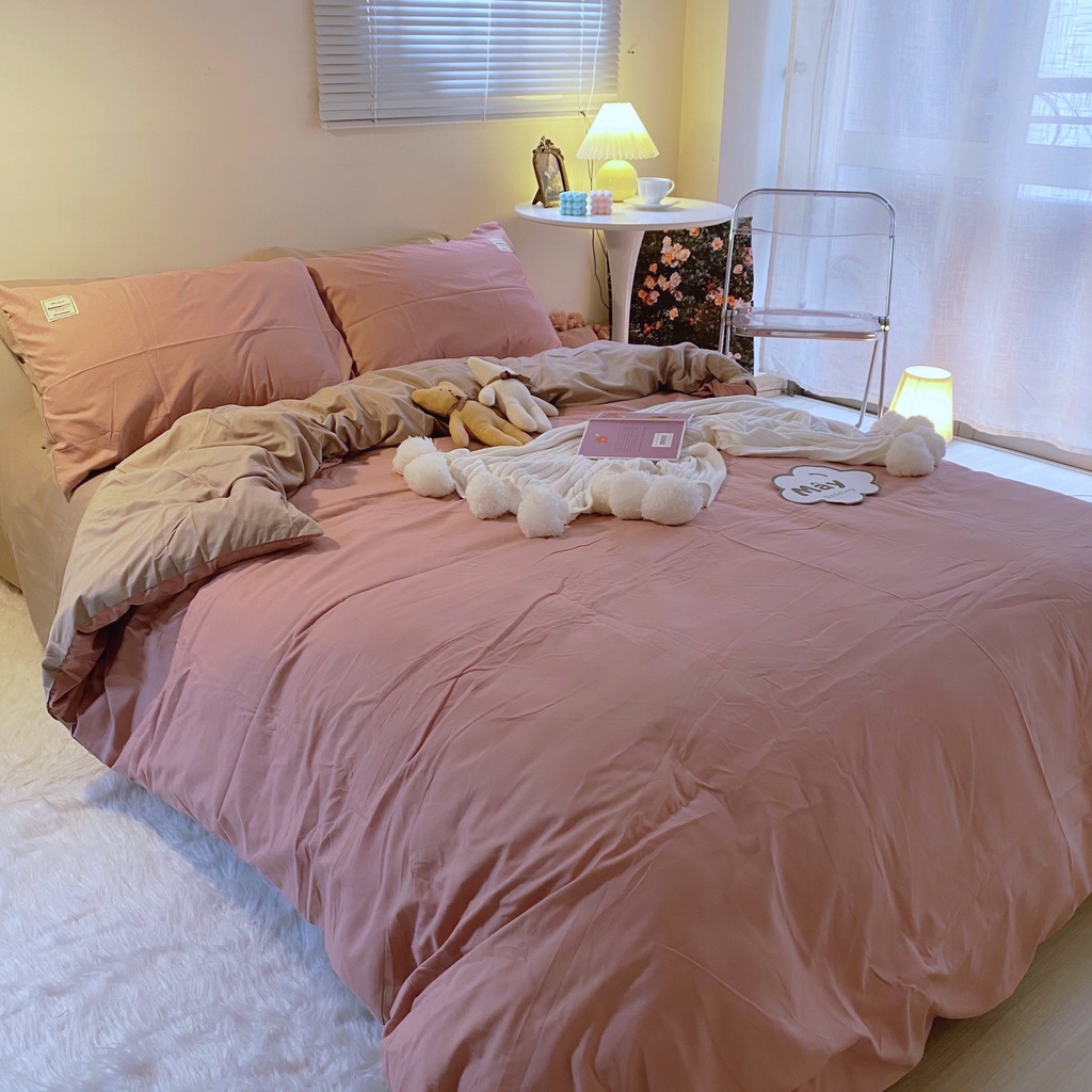 Bộ chăn ga gối COTTON TC trơn phối ga trải giường màu be MÂY BEDDING đủ màu cam hồng tím nâu vàng đủ kích thước nệm