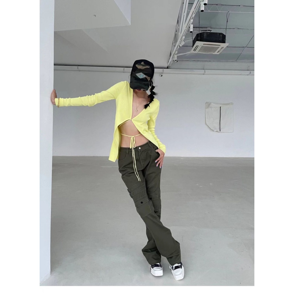 Quần jean ống rộng phối cúc lưng cao phong cách hip-hop thời trang xuân thu cho nữ