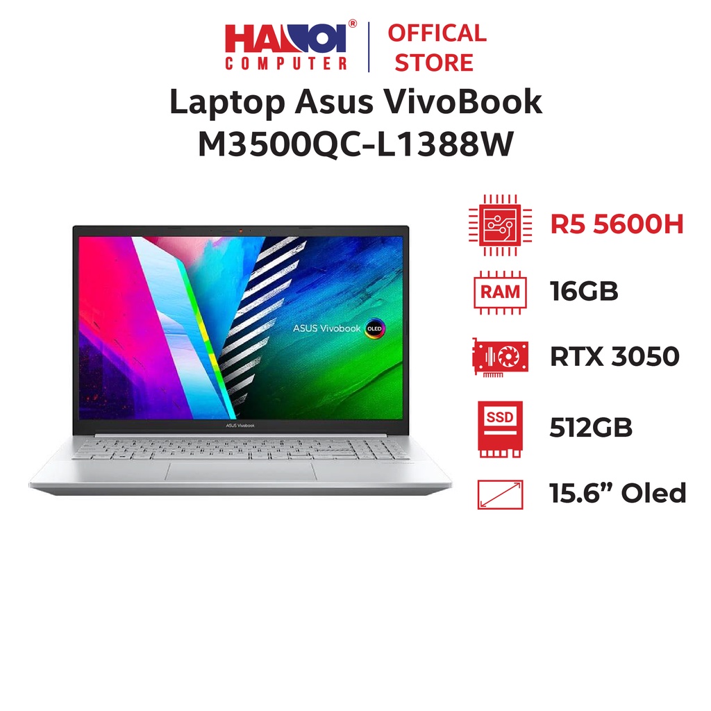 Laptop Asus VivoBook M3500QC-L1388W (R5 5600H/16GB RAM/512GB SSD/15.6 Oled FHD/RTX3050 4GB/Win11/Bạc)