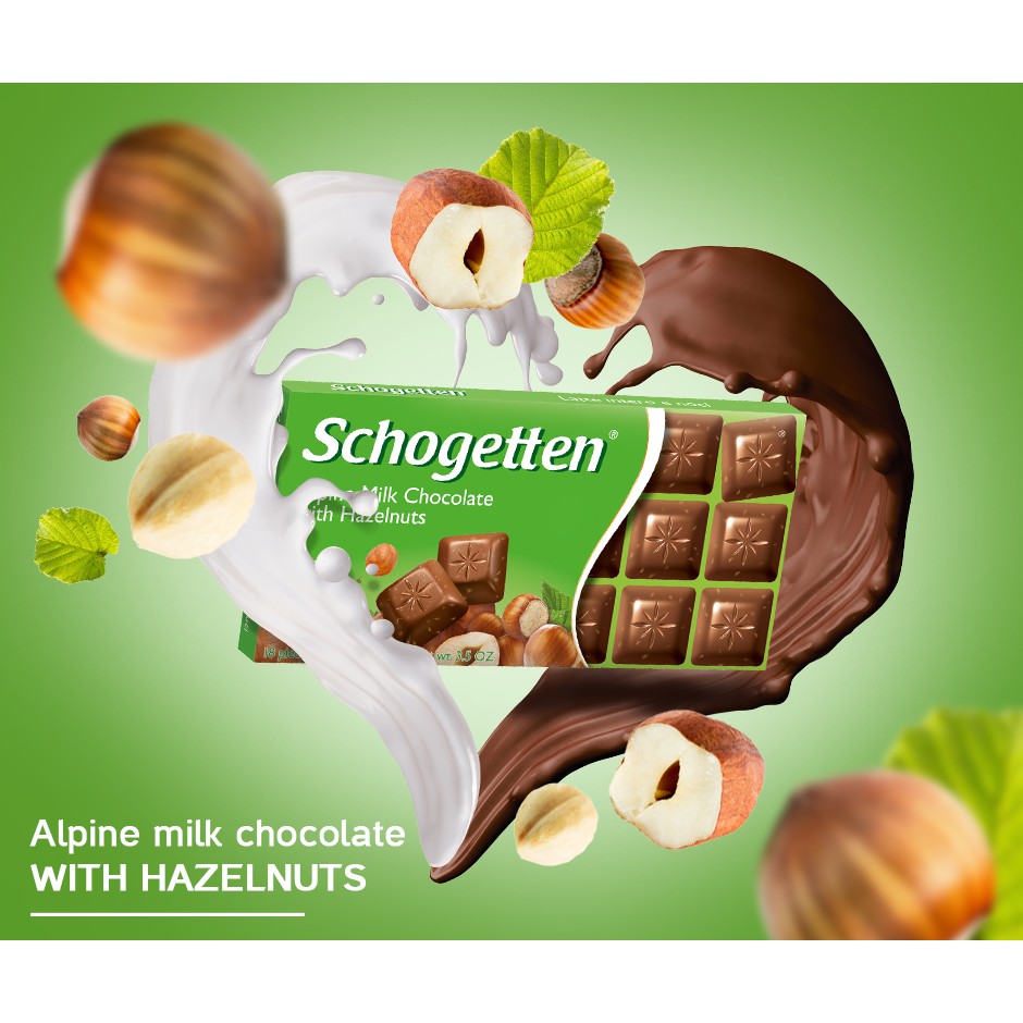 Sôcôla SCHOGETTEN - Vị Hạt dẻ Alpine Milk Chocolate with Hazelnuts - thanh 100g gồm 18 viên rời