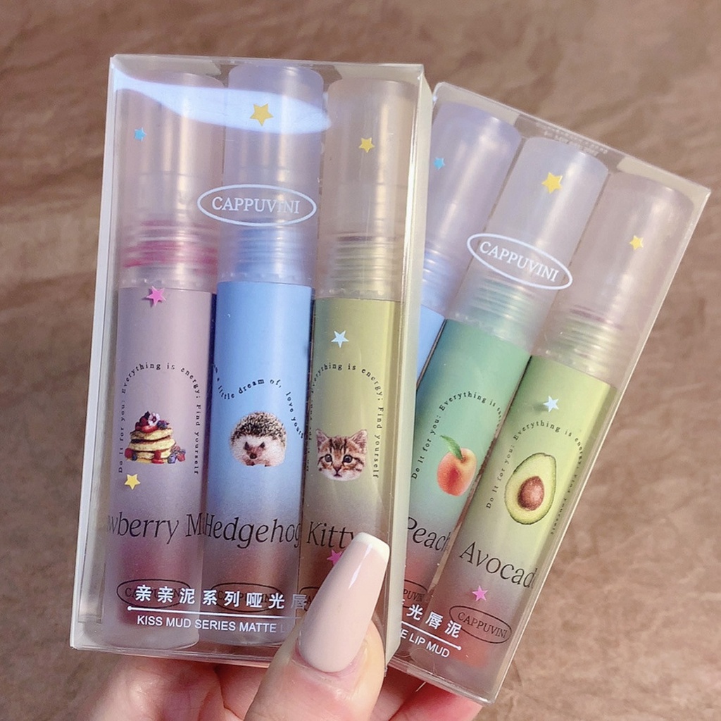 Set 3 son kem lì Cappuvini dưỡng ẩm thiết kế hoạt hình xinh xắn