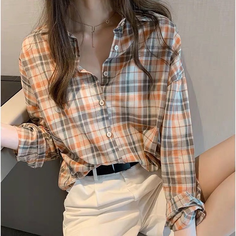 Áo Sơ Mi Tay Dài Dáng Rộng Sọc Ca Rô Thời Trang Retro Cá Tính Cho Nữ
