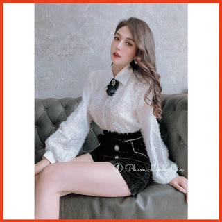 Áo sơ mi lông vũ tay bồng kèm tag chất lông vũ mềm mịn, siêu đẹp phom dưới 60kg mặc vừa