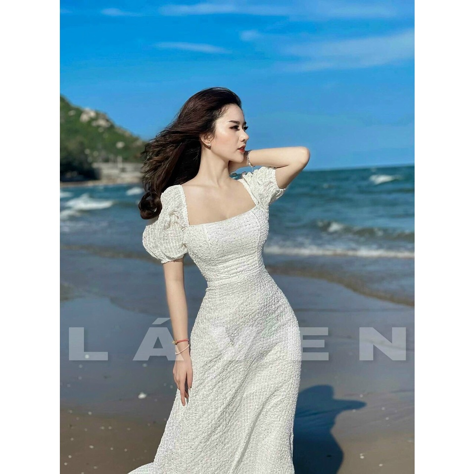 Váy đầm nữ maxi dáng dài trẻ trung tay phồng cổ vuông (có mút) cột nơ sau lưng | BigBuy360 - bigbuy360.vn