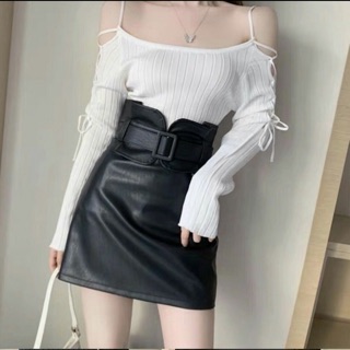 Chân váy da cạp siêu cao kèm đai