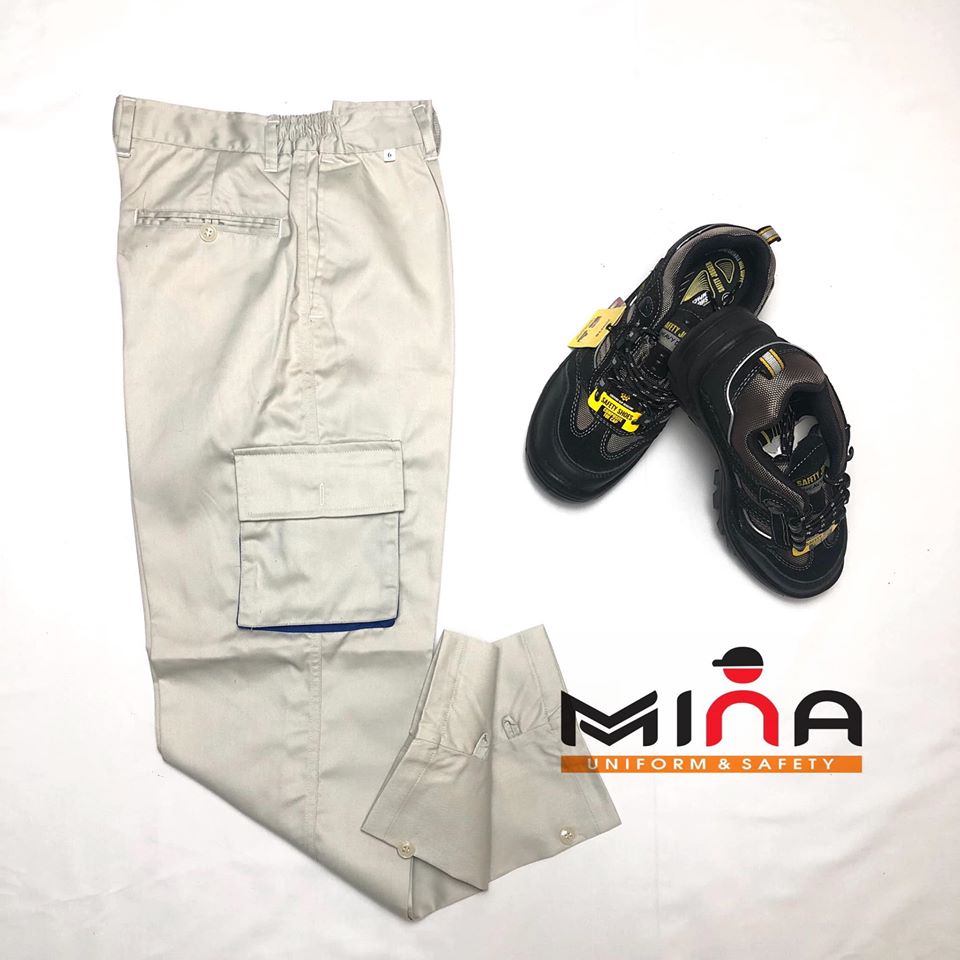 Quần áo công nhân bảo hộ lao động Mina Safety be phối xanh vải kaki liên doanh quần túi hộp
