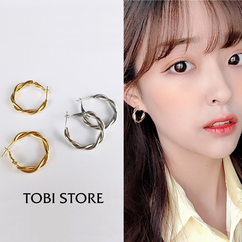 Khuyên tai nữ Bông tai tròn to uốn bện cá tính 02 màu Bạc/Vàng NO SKU 73 TOBI STORE