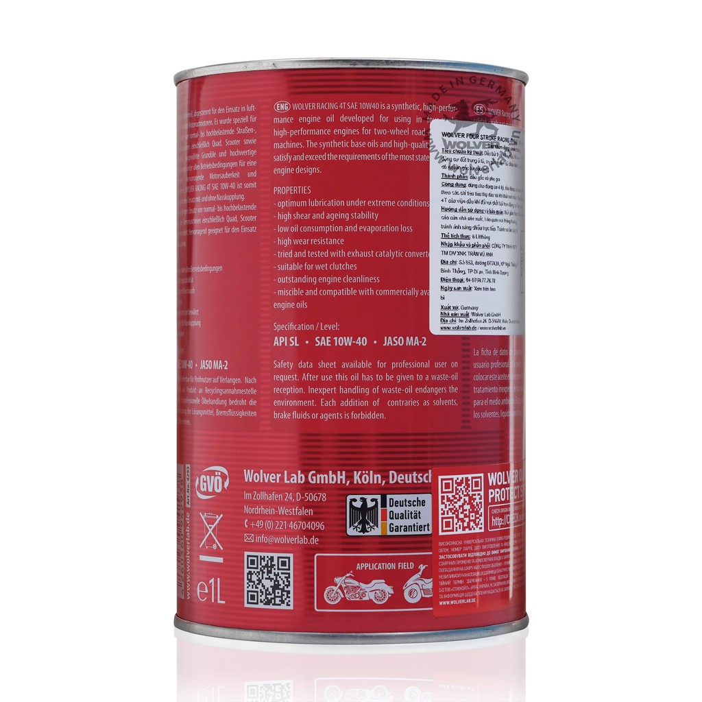 Nhớt nhập khẩu Đức Wolver Racing 10W40 1.2 Lít