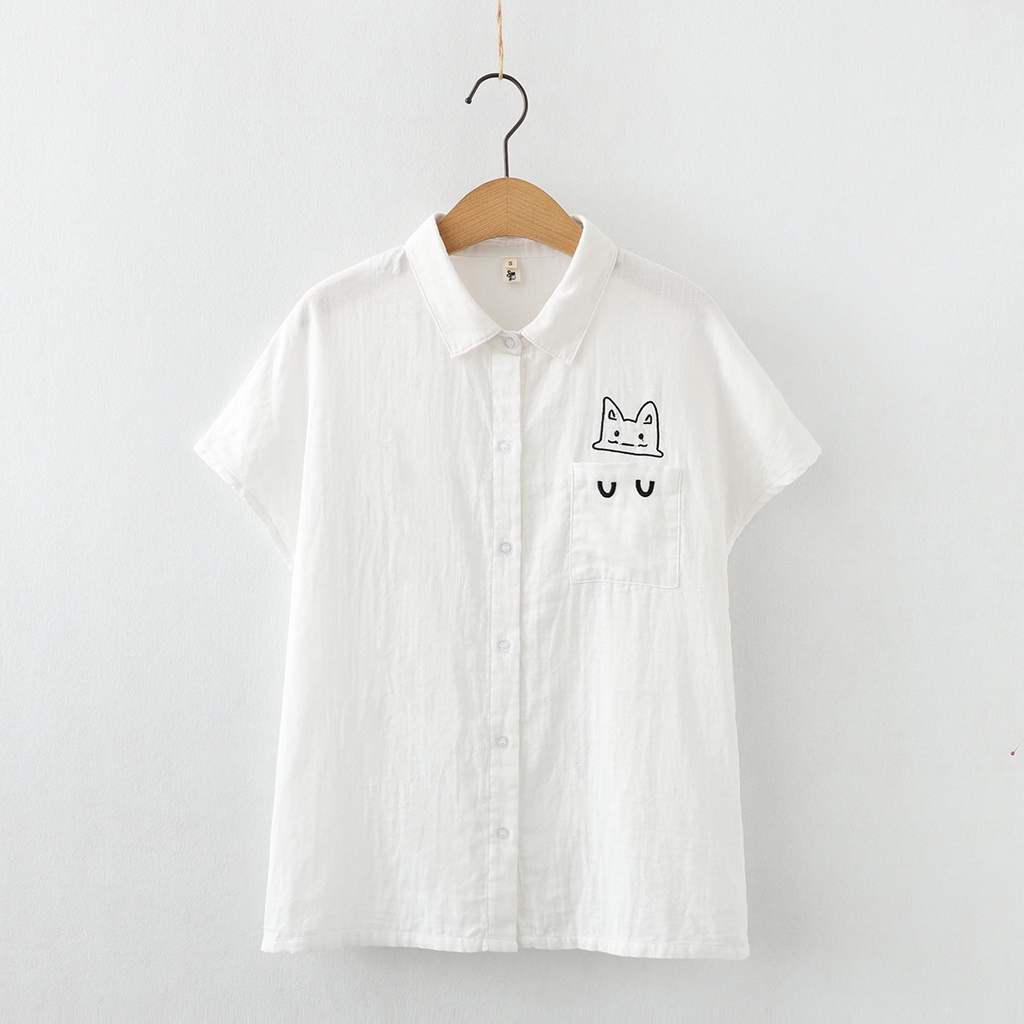 ÁO SƠ MI NỮ CỘC TAY MÙA HÈ - ÁO THÊU MÈO SMN01