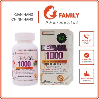 Mega Cal K2 60 viên - Bổ sung 1000mg Calci, ngăn ngừa loãng xương, còi xương, phát triển chiều cao