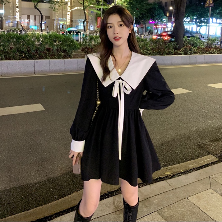 Đầm Ngắn Tay Dài Cổ Búp Bê Phối Nơ Thiết Kế Ngọt Ngào Cho Nữ