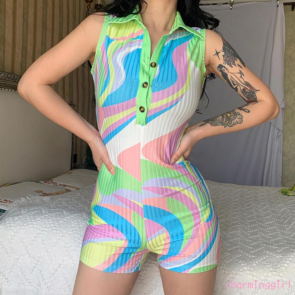 Áo liền quần Sát Nách Cổ Bẻ Dáng Ôm In Họa Tiết Hoa Phối Hàng Nút Thời Trang Mùa Hè Cho Nữ