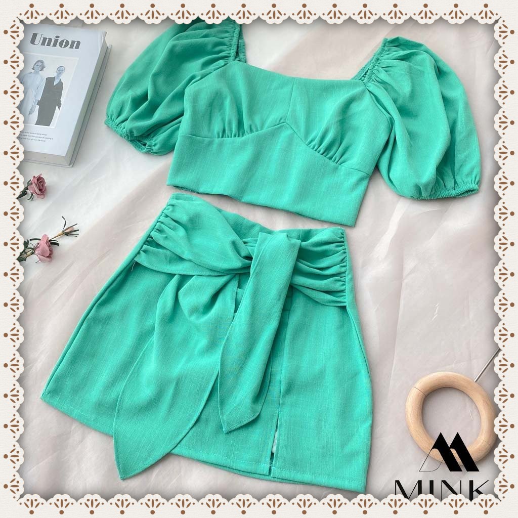 [HÀNG THIẾT KẾ] Set Áo CropTop + Chân Váy Zip Cột Nơ - Chất Liệu Kaki Thun Nhập Nhẩu - Màu Xanh Ngọc/ Nâu Tây | BigBuy360 - bigbuy360.vn