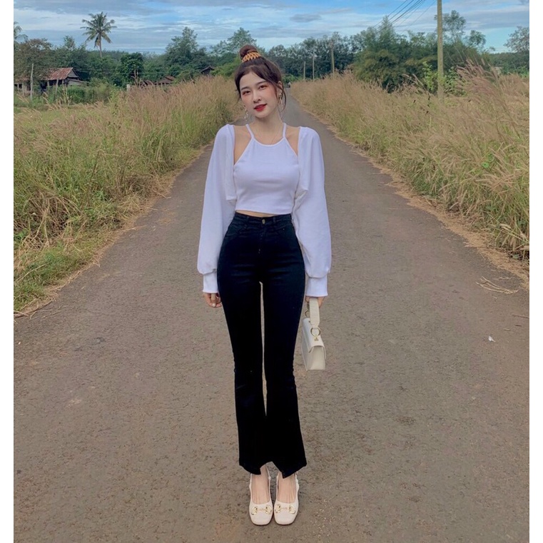 Quần jeans đen trơn ống loe cắt lai (ảnh thật)