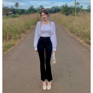 Quần jeans đen trơn ống loe cắt lai