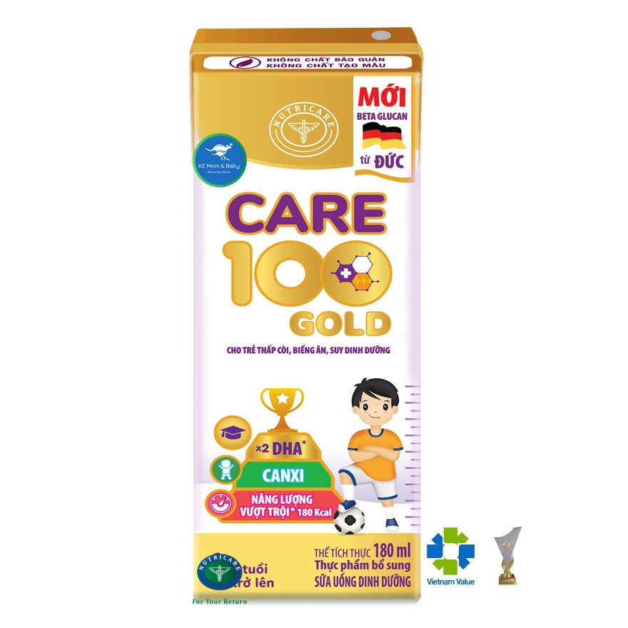 Thùng sữa nước Nutricare Care 100 Gold - cho trẻ thấp còi biếng ăn suy dinh dưỡng (180ml x 48 hộp)